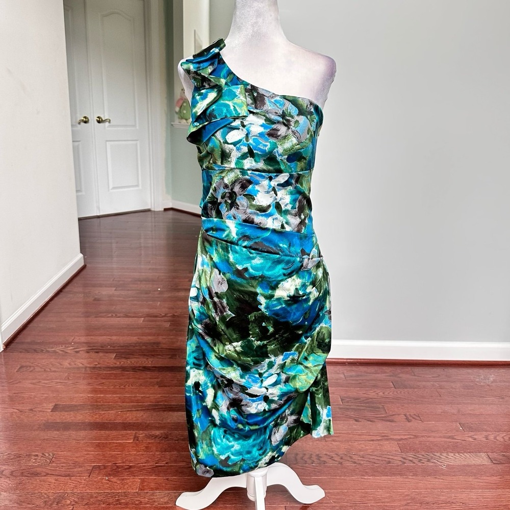 Roulette Blue Green One Shoulder Ruched Side Sexy Dat‎ Night Out Cocktail Dress
